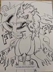 Size: 2544x3446 | Tagged: safe, artist:takengrin endmmar, derpibooru exclusive, imported from derpibooru, oc, oc:takengrin endmmar, alicorn, anthro, giratina, alicorn oc, anthro oc, black and white, chinese, crossover, grayscale, jojo's bizarre adventure, looking at you, monochrome, pokémon, reference, sharp teeth, teeth, text, titan blood giratina, traditional art, wendigo pony
