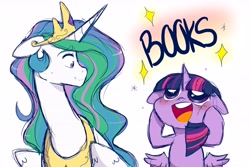 Size: 6000x4000 | Tagged: safe, artist:canisrettmajoris, imported from derpibooru, princess celestia, twilight sparkle, alicorn, pony, absurd resolution, blushing, book, cute, duo, faic, female, floppy ears, mare, misleading thumbnail, small wings, that pony sure does love books, twiabetes, twilight sparkle (alicorn), wings