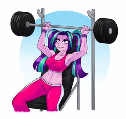 Size: 2550x2400 | Tagged: safe, artist:ambris, imported from derpibooru, aria blaze, equestria girls, aria brute, aria buff, armpits, belly button, bench press, blushing, breasts, cleavage, clothes, female, midriff, muscles, pigtails, solo, sports bra, sweat, twintails, weight lifting, workout, wristband