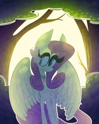 Size: 1024x1280 | Tagged: safe, artist:tooni-pi, imported from derpibooru, fluttershy, pony, backlighting, element of kindness, female, forest, hair accessory, heart eyes, smiling, solo, wingding eyes