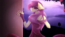 Size: 3840x2160 | Tagged: safe, artist:elektra-gertly, imported from derpibooru, fluttershy, anthro, bat pony, bat ponified, claw marks, clothes, dress, fangs, female, fingerless gloves, floppy ears, flutterbat, gloves, looking at you, looking back, looking back at you, night, piercing, race swap, red eyes, signature, slit eyes, slit pupils, smiling, solo, wingless