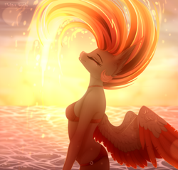 Size: 1960x1870 | Tagged: safe, artist:elektra-gertly, imported from derpibooru, oc, oc only, anthro, pegasus, anthro oc, backlighting, beach, bikini, breasts, clothes, colored wings, eyes closed, fangs, female, hair flip, hair flip (action), mare, multicolored wings, ocean, signature, smiling, solo, spread wings, sunset, swimsuit, wet mane, windswept mane, wings