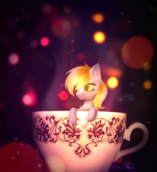 Size: 1350x1472 | Tagged: safe, artist:elektra-gertly, imported from derpibooru, derpy hooves, pony, abstract background, bokeh, cup, cup of pony, female, micro, signature, solo, teacup, tiny, tiny ponies