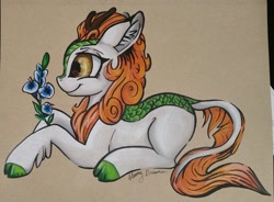 Size: 2122x1561 | Tagged: safe, artist:gleamydreams, imported from derpibooru, autumn blaze, kirin, sounds of silence, cloven hooves, female, flower, golden eyes, mare, smiling, solo, traditional art