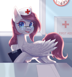 Size: 3286x3481 | Tagged: safe, artist:helemaranth, imported from derpibooru, oc, oc only, oc:astral heart, pegasus, pony, clock, commission, female, glasses, hat, high res, mare, nurse, nurse hat, rcf community, smiling, solo