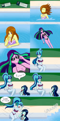 Size: 2000x4000 | Tagged: safe, artist:jake heritagu, imported from derpibooru, adagio dazzle, aria blaze, sonata dusk, oc, oc:dolly dusk, comic:aria's archives, equestria girls, belly button, bikini, breasts, cleavage, clothes, comic, dazzling, dialogue, female, floating, laughing, midriff, mother and daughter, offspring, parent:chancellor neighsay, parent:sonata dusk, siblings, sisters, speech bubble, splash, sunglasses, swimming pool, swimsuit