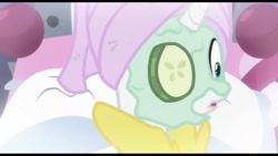 Size: 2224x1251 | Tagged: safe, imported from derpibooru, screencap, rarity, dragon dropped, bathrobe, clothes, cucumber, cucumber pirate, food, mud mask, robe, spa, suprised look, surprised, towel on head