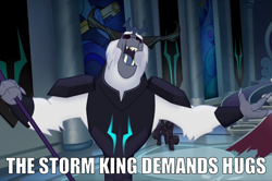 Size: 1269x845 | Tagged: safe, edit, edited screencap, imported from derpibooru, screencap, storm king, yeti, my little pony: the movie, antagonist, armor, canterlot castle, canterlot throne room, caption, crown, eyes closed, fangs, horns, hugs?, image macro, jewelry, meme, outstretched arms, regalia, staff, staff of sacanas, storm king's emblem, text