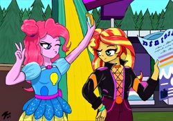 Size: 12300x8600 | Tagged: safe, artist:brekrofmadness, imported from derpibooru, pinkie pie, sunset shimmer, equestria girls, equestria girls series, sunset's backstage pass!, spoiler:eqg series (season 2), absurd resolution, clothes, dress