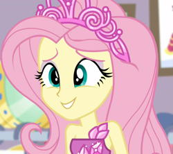 Size: 1015x900 | Tagged: safe, imported from derpibooru, screencap, fluttershy, costume conundrum, equestria girls, equestria girls series, spoiler:choose your own ending (season 2), spoiler:eqg series (season 2), beautiful, clothes, costume conundrum: rarity, cropped, cute, dress, female, jewelry, princess fluttershy, rarity's bedroom, shyabetes, sleeveless, smiling, solo, tiara