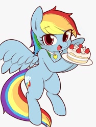 Size: 985x1313 | Tagged: safe, artist:manachaaaaaaaa, imported from derpibooru, rainbow dash, pegasus, pony, cake, cute, dashabetes, female, food, jewelry, looking at you, mare, necklace, open mouth, simple background, smiling, solo, white background