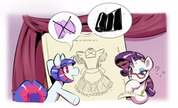 Size: 2692x1640 | Tagged: safe, artist:helixjack, imported from derpibooru, rarity, oc, oc:mew, pony, unicorn, clothes, dress, female, latex, maid, mare, pictogram, question mark, sketch, thinking