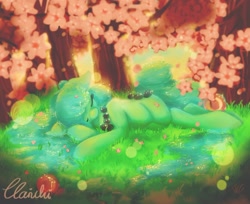 Size: 1024x835 | Tagged: safe, artist:clarichi, imported from derpibooru, oc, oc only, oc:lotus, original species, pond pony, cherry blossoms, flower, flower blossom, sleeping, solo, tree