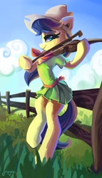 Size: 1600x2797 | Tagged: dead source, safe, artist:saxopi, imported from derpibooru, fiddlesticks, earth pony, pony, apple family member, clothes, cloud, cottagecore, female, fence, fiddle, musical instrument, sitting, solo