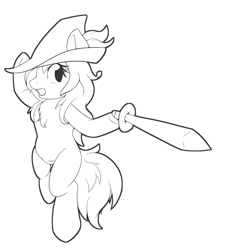 Size: 1926x2129 | Tagged: safe, artist:icy wings, imported from derpibooru, oc, oc:frost soar, pony, bipedal, dexterous hooves, hat, lineart, red mage, sword, weapon