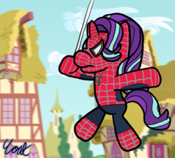 Size: 2780x2508 | Tagged: safe, artist:goatcanon, imported from derpibooru, starlight glimmer, unicorn, clothes, costume, crossover, marvel, marvel comics, raimi suit, spider-man, spider-mare, swing, swinging