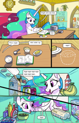 Size: 1989x3072 | Tagged: safe, artist:docwario, imported from derpibooru, bon bon, daisy jo, discord, princess celestia, sweetie drops, trixie, oc, oc:flaky pastry, oc:pia ikea, alicorn, pony, comic:royal chores, banana, beans, book, butter, cake, cakelestia, cereal, cherry, clock, comic, cupcake, cute, cutelestia, diabetes, egg, flour, food, jam, jewelry, ketchup, milk, mustard, necklace, offscreen character, olive, pear butter (food), pear jam, recipe, refrigerator, sauce, sugar (food), whipped cream