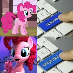 Size: 500x501 | Tagged: safe, edit, edited screencap, imported from derpibooru, screencap, pinkie pie, earth pony, pony, hello pinkie pie, 3d, cgi, female, keyboard, mare, meme, upgrade meme, vulgar