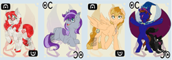 Size: 1251x442 | Tagged: safe, artist:bluekite-falls, artist:sky-railroad, imported from derpibooru, oc, oc:aria diamond, oc:dolkka, oc:jeweled faith, oc:xaldin wolfgang, crystal pony, dog, kirin, pegasus, pony, unicorn, wolf, armpits, cape, card game, clothes, cross, hat, kirin oc, prance card game