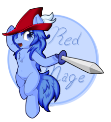 Size: 1926x2129 | Tagged: safe, artist:icy wings, imported from derpibooru, oc, oc only, oc:frost soar, pony, feather, hat, red mage, simple background, sword, transparent background, weapon