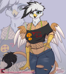 Size: 2500x2800 | Tagged: safe, artist:pinktabico, imported from derpibooru, oc, oc only, oc:ginger feathershy, anthro, griffon, beauty mark, belly button, bra strap, clothes, colored wings, dragon ball, eyebrow piercing, fishnets, griffon oc, hand on hip, multicolored wings, panties, panty line, piercing, short shirt, tail, thong, torn clothes, underwear, wings, zoom layer