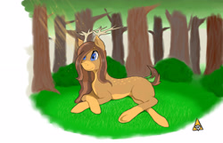 Size: 2800x1800 | Tagged: safe, artist:mr-minati, imported from derpibooru, deer pony, original species, coat markings, forest, prone, simple background, socks (coat marking), socks (coat markings), solo, tree, underhoof, white background