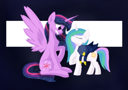 Size: 1024x724 | Tagged: safe, artist:hugo231929, imported from derpibooru, princess celestia, princess luna, twilight sparkle, alicorn, griffon, pony, unicorn, fanfic:elemental: power is magic, ethereal mane, fanfic art, female, griffonized, mare, race swap, riding, role reversal, sleeping, species swap, starry mane, twilight sparkle (alicorn), ultimate twilight, unicorn celestia