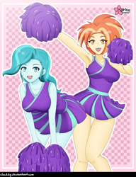 Size: 1444x1882 | Tagged: safe, artist:clouddg, imported from derpibooru, lighthoof, shimmy shake, human, 2 4 6 greaaat, equestria girls, armpits, cheerleader, duo, duo female, equestria girls-ified, female, looking at you, multiple variants, pom pom, signature, smiling