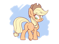 Size: 1200x900 | Tagged: safe, artist:heir-of-rick, imported from derpibooru, applejack, crystal pony, earth pony, pony, abstract background, alternate cutie mark, applebutt, butt, crystallized, cute, female, freckles, jackabetes, looking back, mare, no pupils, plot, raised hoof, solo, underhoof