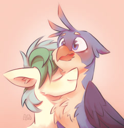 Size: 1490x1540 | Tagged: safe, artist:ecolinegd, imported from derpibooru, gallus, sandbar, earth pony, griffon, pony, blushing, chest fluff, cute, gallabetes, gallbar, gay, male, sandabetes, shipping, simple background