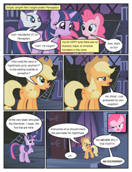 Size: 612x792 | Tagged: safe, artist:newbiespud, edit, edited screencap, imported from derpibooru, screencap, applejack, pinkie pie, rarity, twilight sparkle, earth pony, pony, unicorn, comic:friendship is dragons, friendship is magic, comic, dialogue, female, hat, mare, screencap comic, unicorn twilight