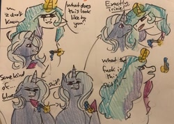 Size: 640x455 | Tagged: safe, artist:lieutenantcactus, imported from derpibooru, princess celestia, trixie, pony, female, lesbian, shipping, traditional art, trixlestia, vulgar