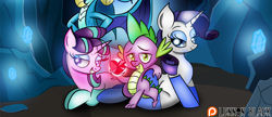 Size: 1400x605 | Tagged: safe, artist:lennonblack, edit, imported from derpibooru, princess ember, rarity, spike, starlight glimmer, dragon, cave, clothes, cropped, dragoness, female, gem, heart, looking at you, male, mare, patreon, patreon logo, shipping, socks, sparity, sparlight, spike gets all the mares, straight, trio