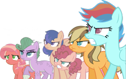 Size: 1689x1065 | Tagged: safe, artist:angellight-bases, artist:millerrachel, imported from derpibooru, oc, oc only, oc:apple butter, oc:aura, oc:candy apple, oc:cinnamon swirl, oc:elusive, oc:hue, dracony, earth pony, hybrid, pegasus, pony, unicorn, angry eyes, base used, colored pupils, determined, dragon horns, female, frown, gritted teeth, interspecies offspring, lidded eyes, mare, multicolored hair, next generation, offspring, parent:applejack, parent:big macintosh, parent:caramel, parent:cheese sandwich, parent:flash sentry, parent:fluttershy, parent:pinkie pie, parent:rainbow dash, parent:rarity, parent:soarin', parent:spike, parent:twilight sparkle, parents:carajack, parents:cheesepie, parents:flashlight, parents:fluttermac, parents:soarindash, parents:sparity, rainbow hair, raised hoof, scales, scowl, scowling, simple background, starry eyes, transparent background, wingding eyes, worried