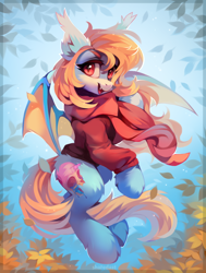 Size: 800x1057 | Tagged: safe, artist:share dast, deleted from derpibooru, imported from derpibooru, oc, oc only, oc:sweet riot, bat pony, pony, bat pony oc, clothes, female, flying, leaves, mare, scarf, solo, speedpaint available, sweater