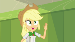 Size: 1280x720 | Tagged: safe, imported from derpibooru, screencap, applejack, eqg summertime shorts, equestria girls, monday blues, applejack's hat, canterlot high, cowboy hat, female, freckles, geode of super strength, hat, lockers, magical geodes