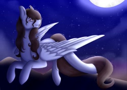 Size: 2048x1448 | Tagged: safe, artist:chaoticchimeraart, imported from derpibooru, oc, oc only, oc:tail, pegasus, pony, female, flying, mare, night, no source available, solo