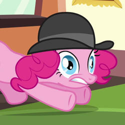 Size: 640x640 | Tagged: safe, imported from derpibooru, screencap, pinkie pie, earth pony, pony, mmmystery on the friendship express, season 2, bowler hat, cropped, female, hat, mare, out of context, solo