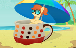 Size: 5740x3700 | Tagged: safe, artist:a4r91n, imported from derpibooru, oc, oc only, oc:home sweet, earth pony, pony, beach, cup, cup of pony, jewelry, looking at you, micro, ocean, palm tree, pendant, smiling, solo, summer, sunglasses, tree, umbrella