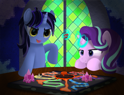 Size: 3235x2500 | Tagged: safe, artist:spellboundcanvas, imported from derpibooru, starlight glimmer, oc, oc:dynamo pad, pony, unicorn, board game, dice, dragon pit, duo, magic, stained glass, stained glass window