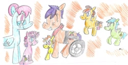 Size: 1901x962 | Tagged: safe, artist:ptitemouette, imported from derpibooru, oc, oc:apple diamond, oc:butterfly, oc:cheddar toast, oc:cream cheese, oc:diamond heart, oc:green apple, pony, brother and sister, cousins, female, grandmother and grandchild, magical lesbian spawn, male, offspring, offspring's offspring, parent:applejack, parent:fluttershy, parent:oc:apple chips, parent:oc:life goal, parent:oc:movie star, parent:oc:reblochon, parent:rainbow dash, parent:rarity, parents:flutterdash, parents:oc x oc, parents:rarijack, siblings, sisters, traditional art, wheelchair