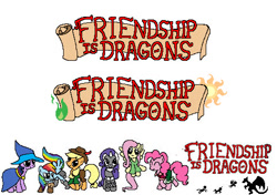 Size: 482x340 | Tagged: safe, artist:thousandyearsunrise, imported from derpibooru, applejack, fluttershy, pinkie pie, rainbow dash, rarity, twilight sparkle, dragon, earth pony, pegasus, pony, unicorn, comic:friendship is dragons, clothes, cosplay, costume, female, flying, hat, logo, mane six, mare, unicorn twilight, wings, wizard hat