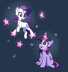 Size: 2980x3144 | Tagged: safe, artist:lilfunkman, imported from derpibooru, rarity, twilight sparkle, alicorn, pony, unicorn, female, lesbian, magic, magic aura, mare, rarilight, shipping, sitting, smiling, stars, twilight sparkle (alicorn)