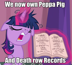 Size: 960x865 | Tagged: safe, edit, edited screencap, imported from derpibooru, screencap, twilight sparkle, alicorn, pony, a trivial pursuit, book, caption, cropped, death row records, dem feels, entertainment one, eone, female, floppy ears, hasbro, image macro, mare, open mouth, outdated, peppa pig, rules lawyer, solo, text, twilight snapple, twilight sparkle (alicorn), twilight sparkle is best facemaker, twilighting, wtf