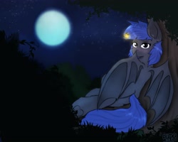 Size: 4096x3271 | Tagged: safe, artist:almond evergrow, artist:suchalmy, imported from derpibooru, oc, oc only, oc:shiny georgia, bat pony, firefly (insect), pony, bat pony oc, female, forest, forest background, full moon, mare, moon, night, solo, stars, tree, underhoof