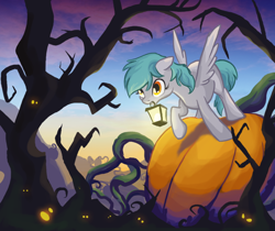 Size: 996x836 | Tagged: safe, artist:bedupolker, imported from derpibooru, pegasus, pony, lantern, pumpkin, solo, tree