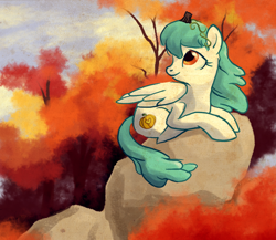 Size: 1024x890 | Tagged: safe, artist:bedupolker, imported from derpibooru, oc, oc:pumpkin spice, pegasus, pony, autumn, rock, tree