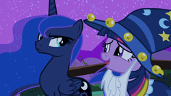 Size: 1280x720 | Tagged: safe, edit, edited screencap, editor:slayerbvc, imported from derpibooru, screencap, princess luna, twilight sparkle, alicorn, pony, unicorn, luna eclipsed, season 2, accessory-less edit, clothes, costume, female, luna is not amused, mare, missing accessory, night, nightmare night costume, star swirl the bearded costume, unicorn twilight