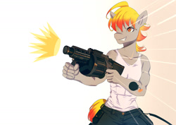 Size: 1400x990 | Tagged: safe, artist:bakki, imported from derpibooru, oc, oc only, anthro, abs, anthro oc, clothes, commission, grenade launcher, grin, gun, m32 mgl, muzzle flash, pants, simple background, smiling, solo, tanktop, weapon, white background