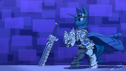 Size: 2500x1407 | Tagged: safe, artist:1jaz, imported from derpibooru, oc, oc only, oc:flint, pony, unicorn, armor, cape, clothes, solo, sword, weapon